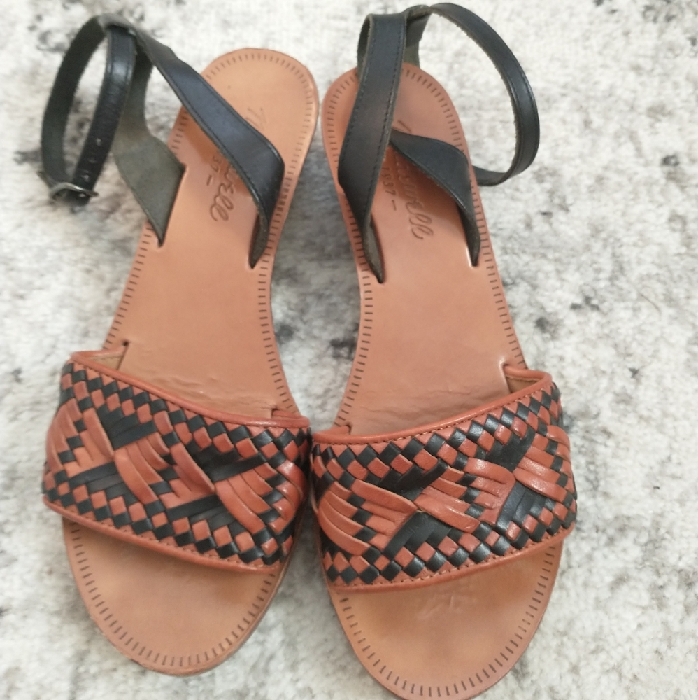 Madewell Tan and Black Woven Leather Wedge Sandals